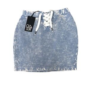 NWT- Chaser Blue Mini Pencil Skirt with Tie Front for Casual Wear